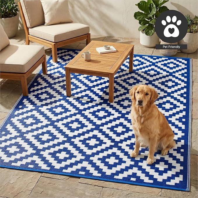 FH Home Outdoor Rug - Waterproof, Fade Resistant, Reversible - Premium Recycled Plastic - Geometric - Large Patio, Deck, Sunroom, Camping, RV - Aztec - Blue & White Crease Free - 6 x 9 ft