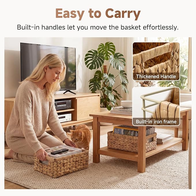 StorageWorks Rectangle Wicker Baskets for Organizing, Decorative Basket, Water Hyacinth Baskets with Handles, Wicker Storage Baskets for Shelves, 2-Pack, 13" L x 8¼"W x 4¾"H