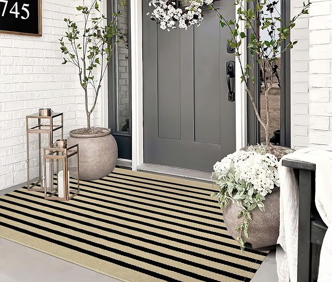 BUAGETUP Outdoor Rug 3'x 5',Black and Khaki Striped Porch Rug Cotton Woven Washable Rug Indoor/Outdoor Area Rug Floor Mat for Farmhouse Living Room Bedroom