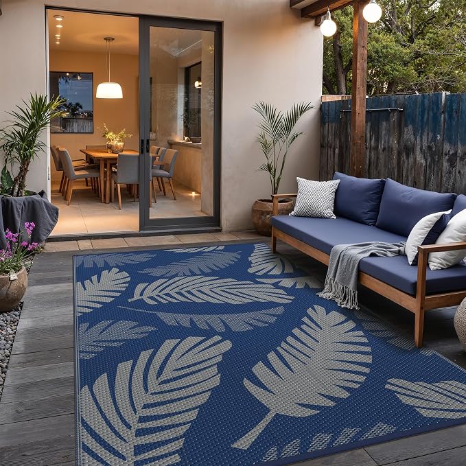 GENIMO Outdoor Rug, Waterproof Plastic Rugs for Patio, 6'x9' Blue Grey | Outside Larger Leaf Carpet Mat for Porch Decor, Deck, Balcony, Camping, RV, Backyard, Picnic, Beach, Reversible, Foldable