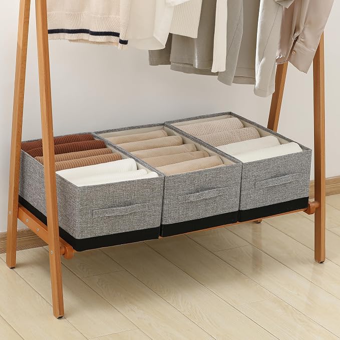 Linen Folding Storage Bins, 3 Pack Large Storage Baskets, Washable, Clothing Storage Bins with Handle, Closet Organizer for Storage Sweater,Sheets (gray black, 18½"x11"x8½")