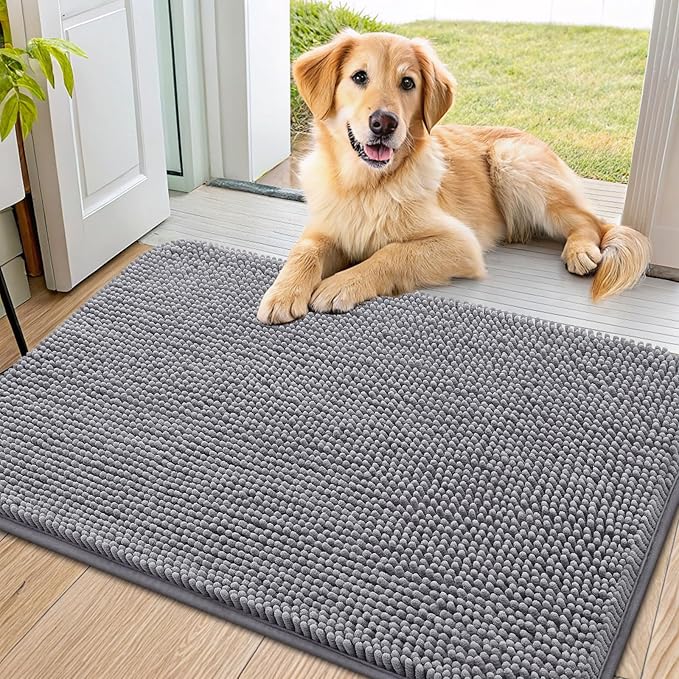 Smiry Dog Door Mat for Muddy Paws 40x24, Absorbent Dirt Trapper, Non-Slip Washable Chenille Entryway Rug for Inside Floor, Grey, Classic Solid