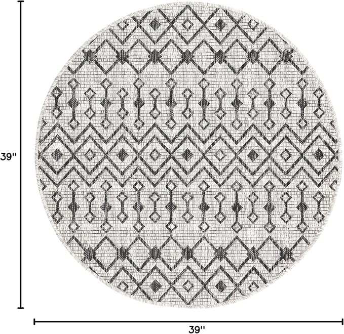 Unique Loom Outdoor Trellis Collection Area Rug - Tribal Trellis (3' 3" Round, Gray/ Black)