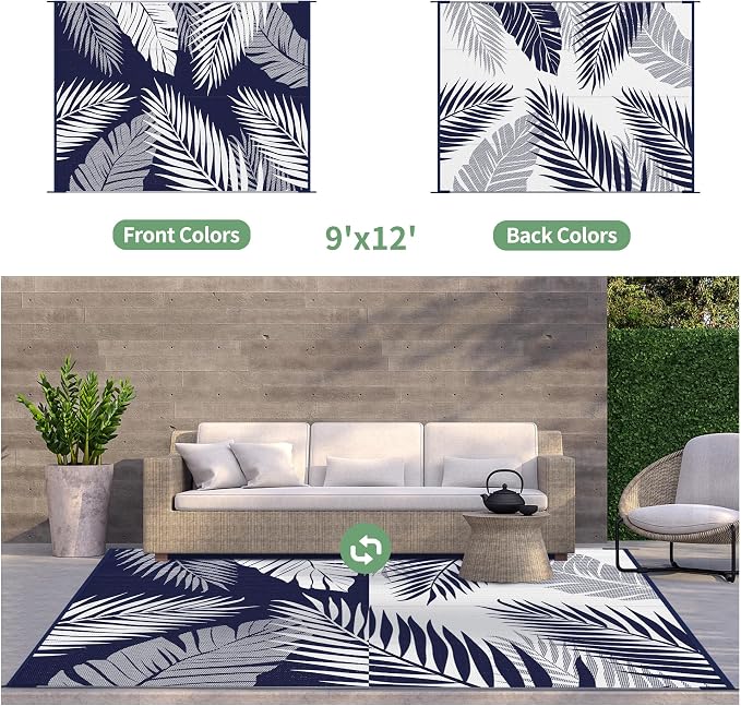 GENIMO Outdoor Rug, Waterproof Plastic Rugs for Patio, 9'x12' Blue White | Outside Larger Leaf Carpet Mat for Porch Decor, Deck, Balcony, Camping, RV, Backyard, Picnic, Beach, Reversible, Foldable