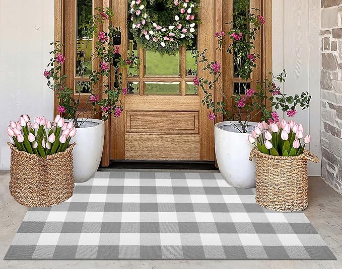 Grey and White Outdoor Rug 3'x 5' Fall Checkered Porch Rug Cotton Woven Washable Layering Door Mats for Welcome Door Mat Porch Entryway Bedroom Living Room