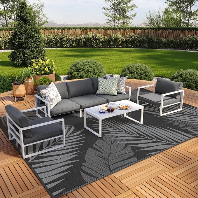 GENIMO Outdoor Rug, Waterproof Plastic Rugs 9'x18' for Camping Black Grey | Outside Larger Leaf Carpet Mat for Patio Decor, RV, Porch, Camper, Deck, Picnic, Beach, Backyard, Reversible, Foldable