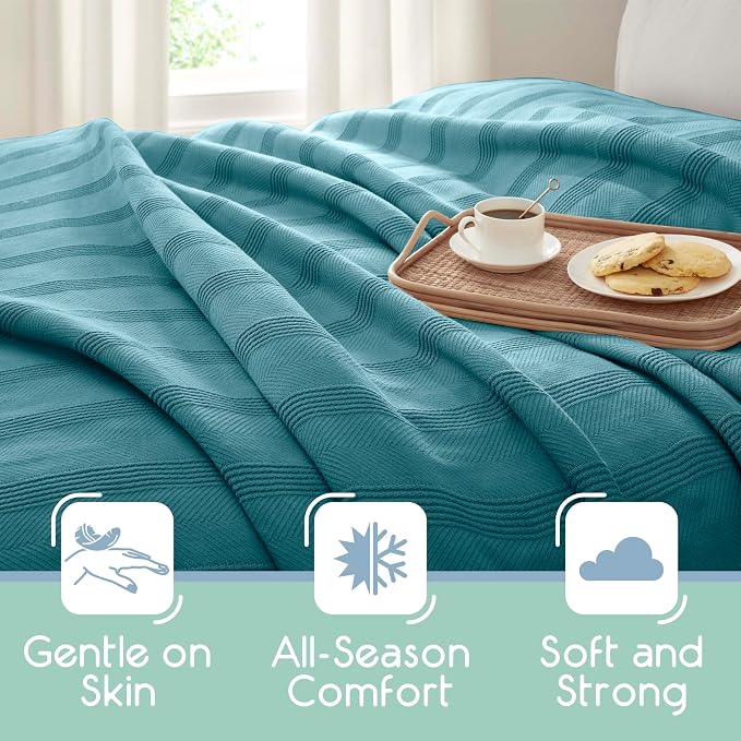 Vellux 100% Cotton Blanket, Queen, 90x90, Pacific Blue | Soft, Breathable Knit, Lightweight, All Season, Machine Washable, Oeko-Tex Certified, Hotel Quality