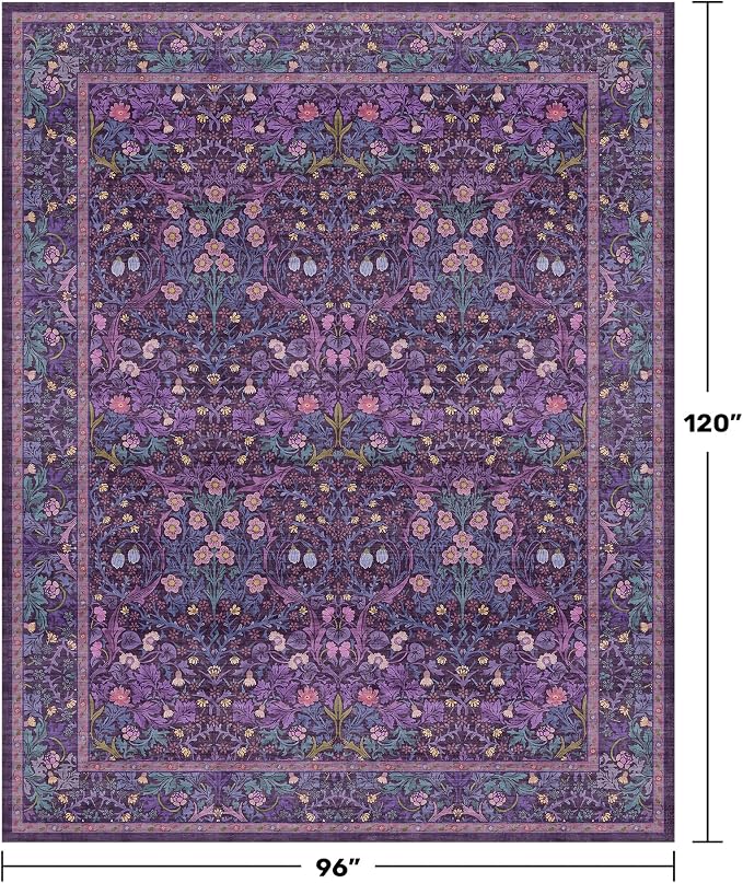 Hazo Haus Dark Purple Living Room Rug 8x10, Vintage Violet Floral Area Rugs for Bedroom, Washable Dining Room Under Kitchen Table, Oriental Low Pile Stain Resistant Large Plum Indoor Decor