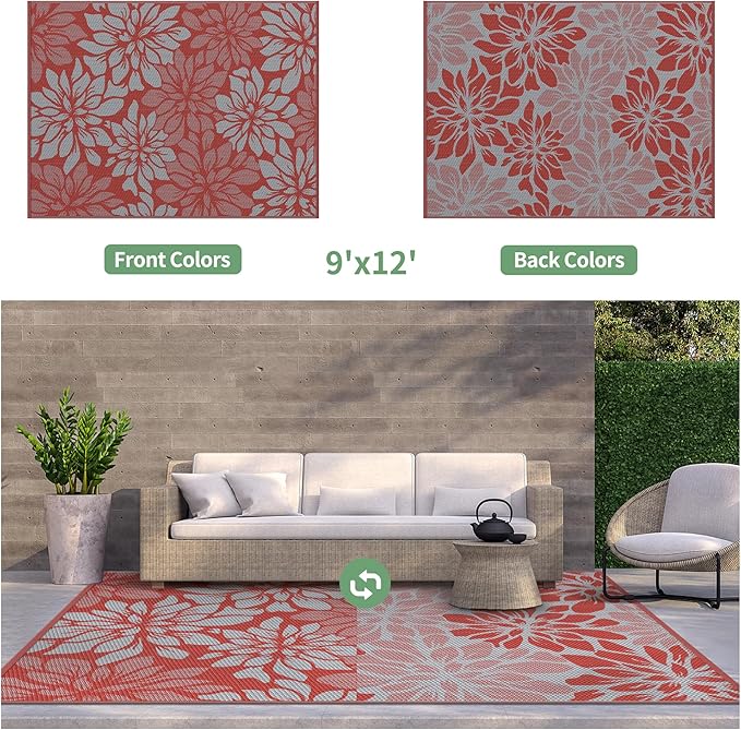 GENIMO Outdoor Rug, Waterproof Plastic Rugs for Patio, 9'x12' Red Grey | Outside Larger Leaf Carpet Mat for Porch Decor, Deck, Balcony, Camping, RV, Backyard, Picnic, Beach, Reversible, Foldable