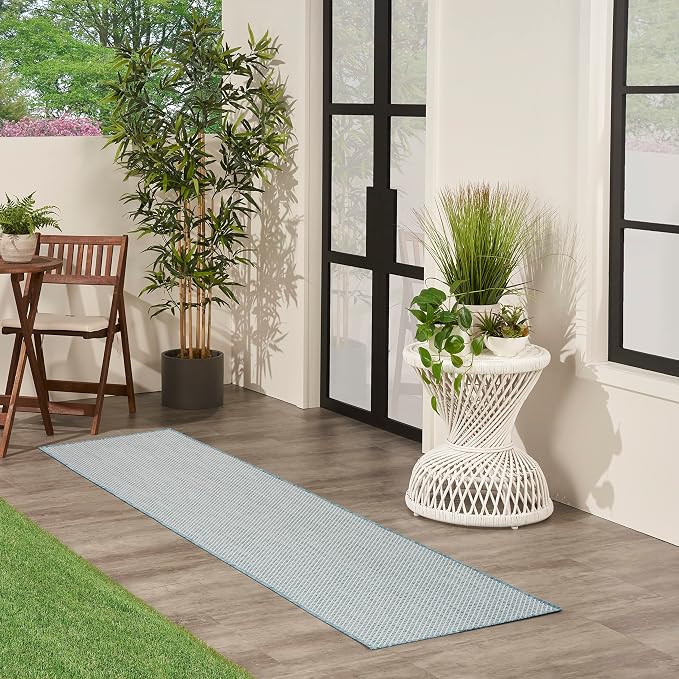 Nourison Home Courtyard Ivory Aqua 2' x 6' Area Rug - Easy Clean, Non Shedding, Bed Room, Living Room, Dining Room, Kitchen (6' Runner)