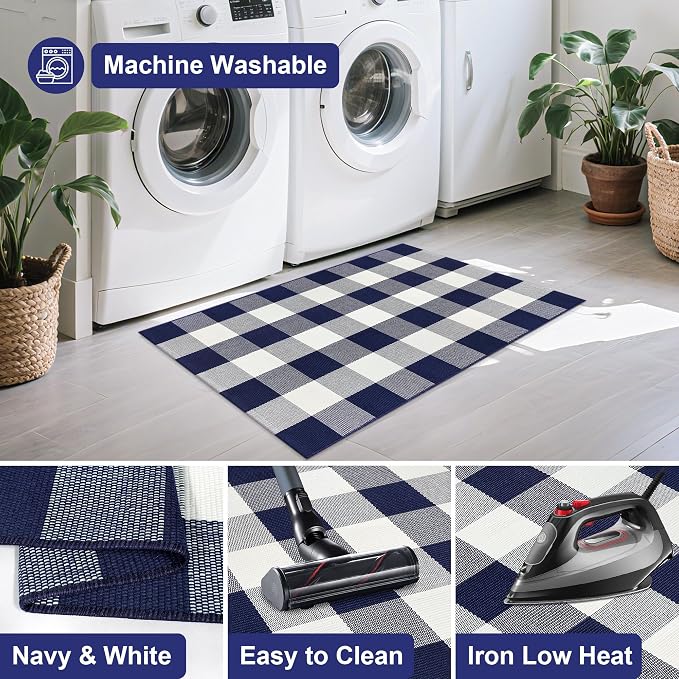 Buffalo Plaid Outdoor Rug 27.5x43 Inches Cotton Woven Navy and White Checkered Doormat Washable Indoor Outdoor Front Porch Carpet for Entryway Farmhouse Decor
