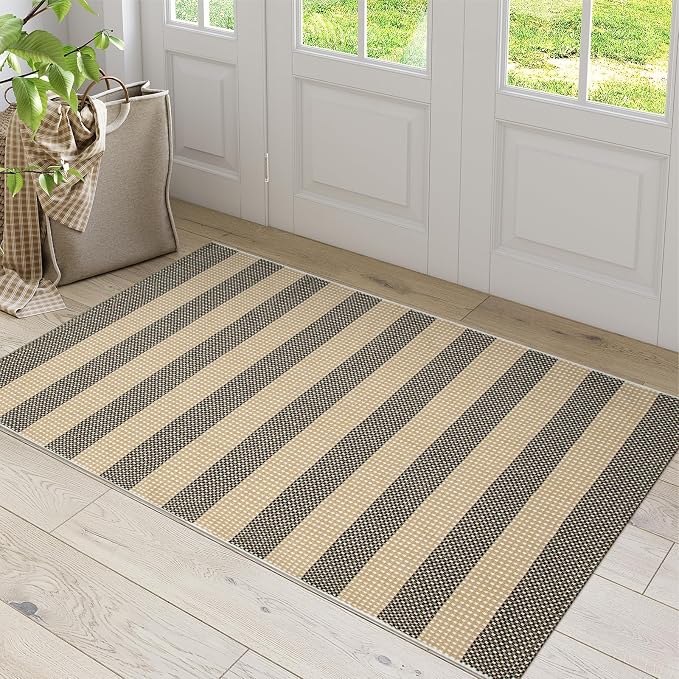 OJIA Tan Washable Outdoor Rugs 3'x5' Front Door Mat Porch Rug Patio Decor | Cotton Woven Doormat Indoor Outdoor Rugs Striped Entryway Rugs Small Outdoor Door Mats Outside Entrance for Kitchen Entry
