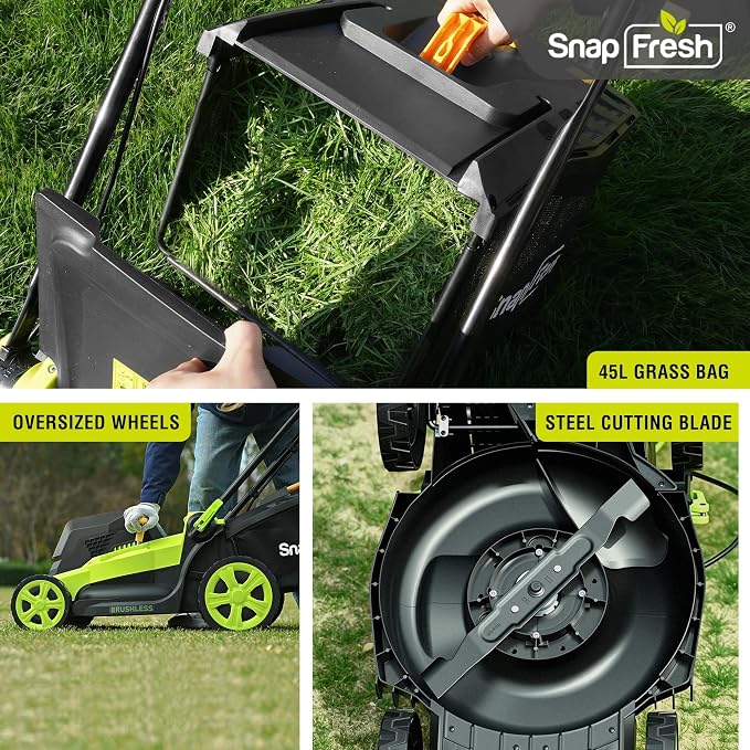 SnapFresh 40V 17” Brushless Lawn Mower – 2 x 5.0Ah Batteries Electric Cordless Push Mower with Fast Charger, 6-Level Height Adjustment, 45L Grass Bag, Lightweight Battery Powered Mower