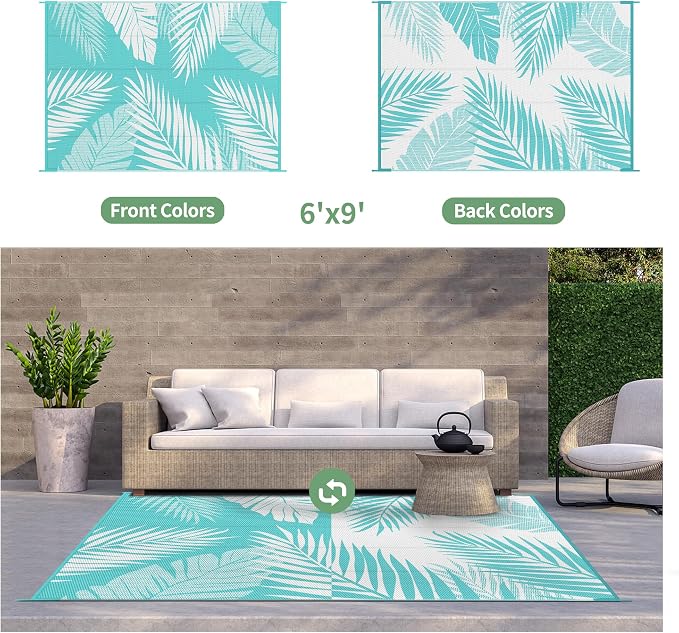 GENIMO Outdoor Rug, Waterproof Plastic Rugs for Patio, 6'x9' Navy White | Outside Larger Leaf Carpet Mat for Porch Decor, Deck, Balcony, Camping, RV, Backyard, Picnic, Beach, Reversible, Foldable