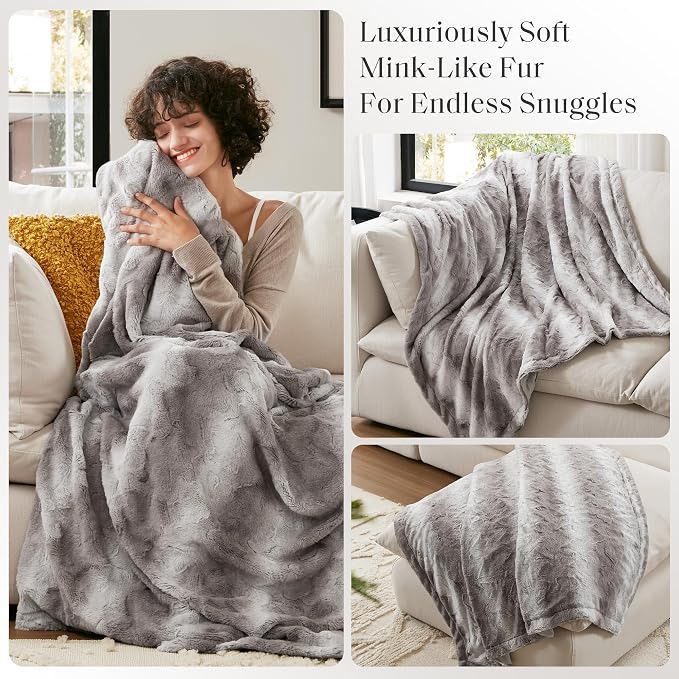 Madison Park Zuri Faux Fur Reversible Throw Blanket, 50 x 60 in, Grey | Soft Plush, Luxury, Animal Stripes, Mink Reverse, Modern, All Season, for Bed Sofa Couch, OEKO-TEX Certified