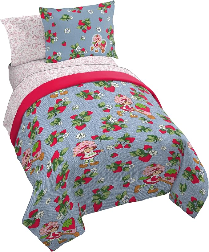 Strawberry Shortcake Full Comforter Set 7 Piece Kids Bedding, Blue | Bed in a Bag, Comforter Sheets Shams Pillowcases, Official Brand, Soft Microfiber, Machine Washable, Girls Gift