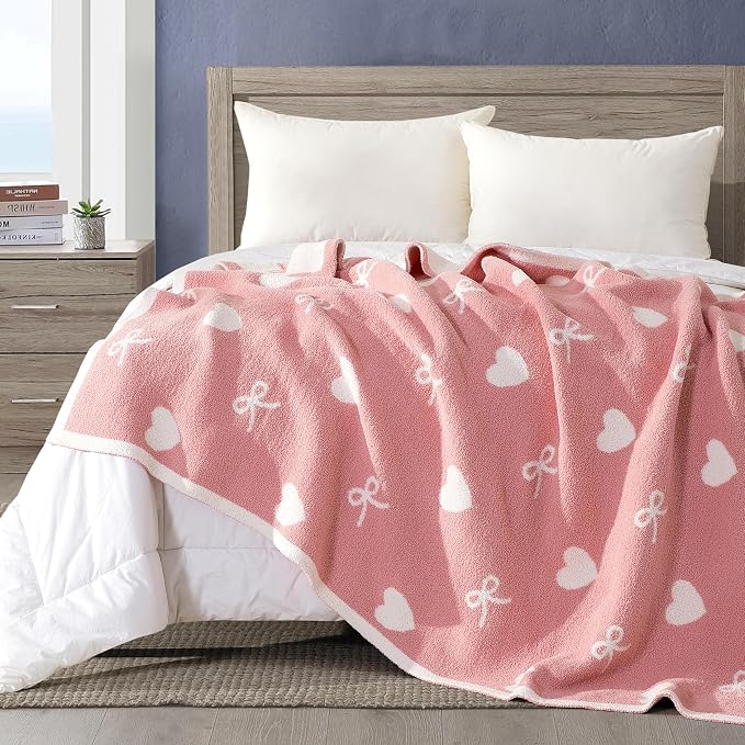 Elegant Comfort Valentine's Day Knit Throw Blanket, Hearts and Bows Super Soft Cozy Fluffy Warm Throw Blankets for Couch, Sofa, Chair, Bed, Camping, Picnic, Travel Lightweight Bed Blanket (50" x 70")