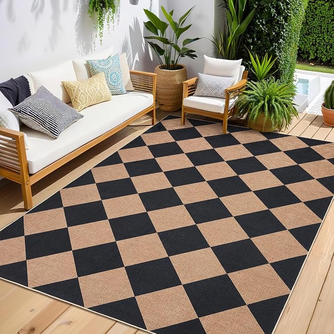 GarveeHome 9x12 Checkered Easy Jute Rugs for Bedroom Machine Washable Large Rugs Non-Slip Backing Modern Neutral Stain Resistance Carpets for Farmhouse Patio Dining Room Backyard Black Tan