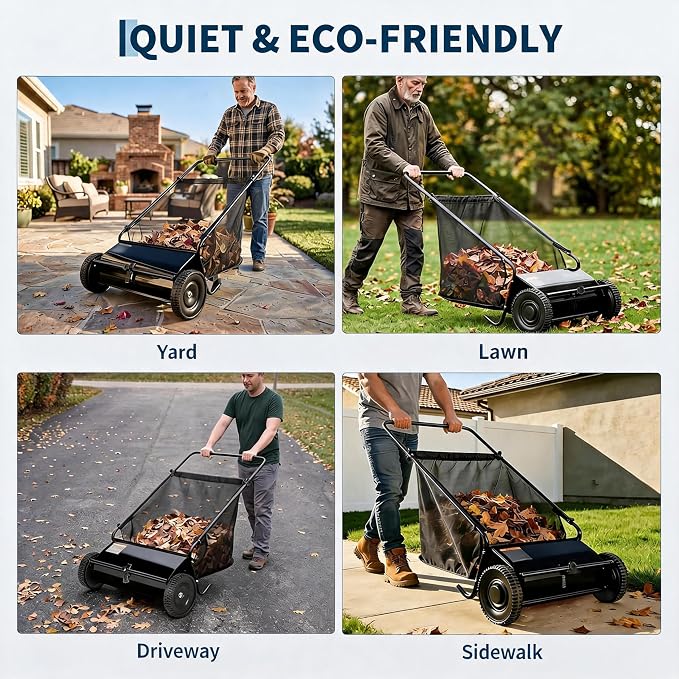 Heavy Duty 26-Inch Push Lawn Sweeper – 4 Fast Spinning Brushes | Height Adjustable, Durable Steel Frame, 7 Cu. Ft. lawn mower, Reduced Plastic Wheels