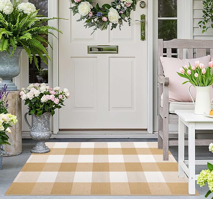Front Door Mats Outdoor 24''X35'' Khaki and White Layered Doormat Cotton Woven Farmhouse Washable Small Area Rug for Welcome Mat/Entryway/Bedroom/Living Room