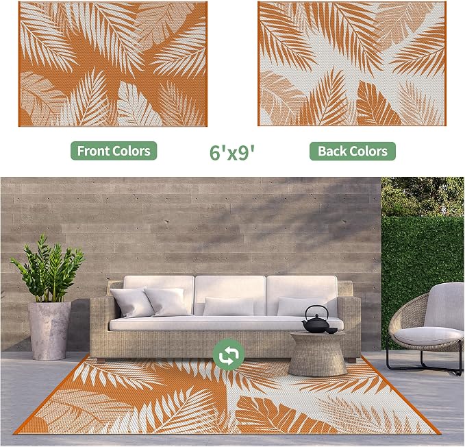 GENIMO Outdoor Rug, Waterproof Plastic Rugs for Patio, 6'x9' Orange White | Outside Larger Leaf Carpet Mat for Porch Decor, Deck, Balcony, Camping, RV, Backyard, Picnic, Beach, Reversible, Foldable