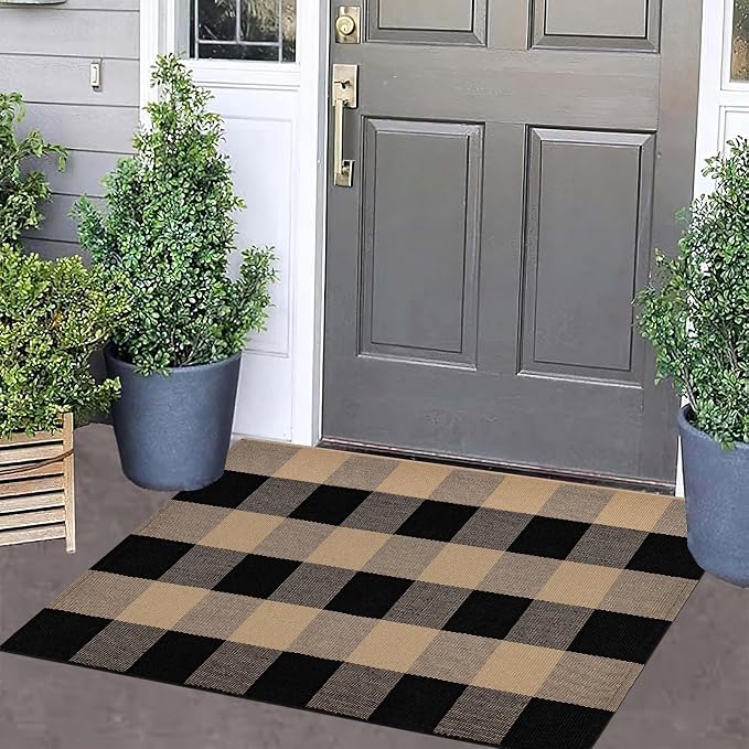Checkered Front Door Mat Outdoor 24''x35''Buffalo Plaid Outdoor Rug Cotton Washable Layered Doormat for Bedroom,Bathroom,Farmhouse,Entryway,Home Entrance