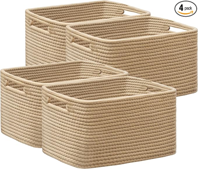 4 Pack Storage Baskets for Organizing, Woven Baskets for Shelves, Brown | 13"Lx9"Wx7.5"H, Woven Basket, Cotton Rope Basket, Toy Storage, Cube Shelf, Gift Baskets Empty, Home Decor