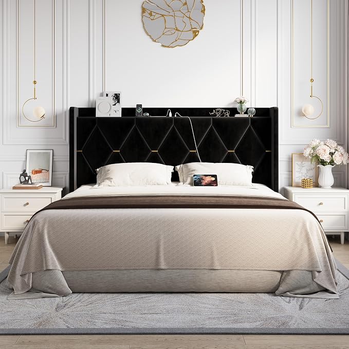 Allewie King Size Bed Frame with Storage Headboard & Charging Station | Diamond Tufted Design & Gold Trim, Velvet Upholstered Platform Bed, No Box Spring Needed, Easy Assembly, Noise-Free, Black