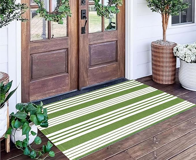 Green and White Striped Outdoor Rug 24'' x 51'' Front Porch Rug Hand-Woven Machine Washable Layered Door Mats for Entryway/Bedroom/Outdoor