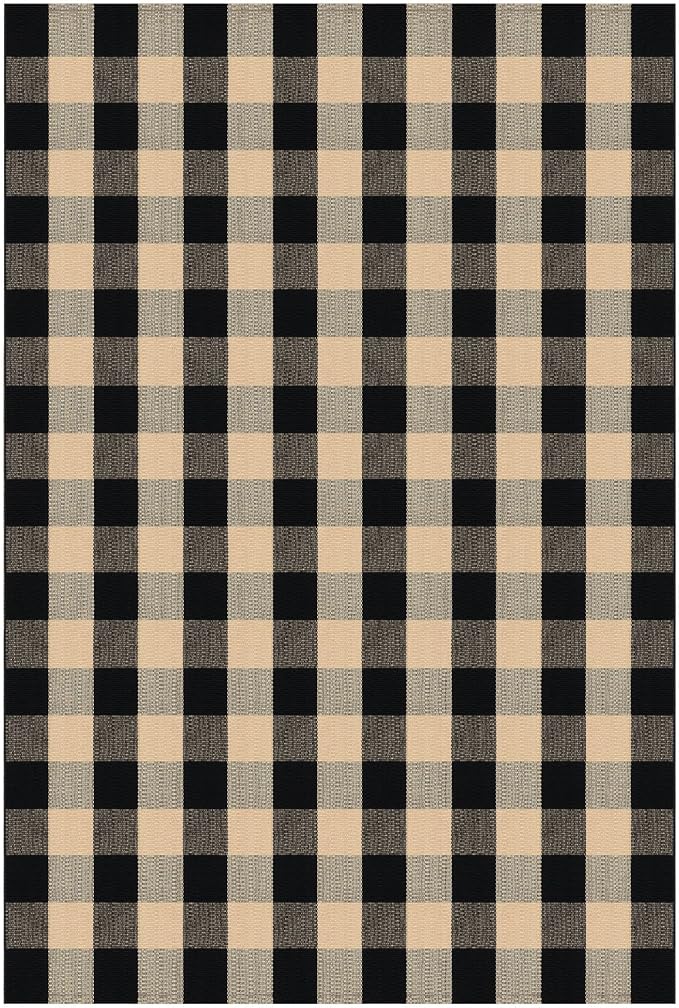 KILOCOCO Buffalo Plaid Checkered Rug 5x7 ft Living Room Rug Brown and Black | Machine Washable Rug for Front Porch, Indoor Outdoor Rugs, Cotton Dining Room Carpet, Low Pile Farmhouse Bedroom Rug