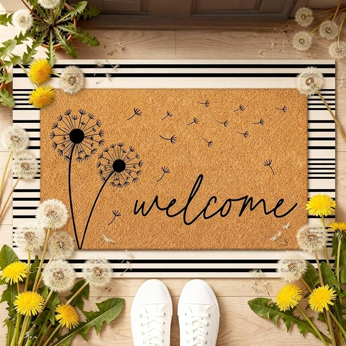Tinideya 2 Pcs Summer Door Mat Dandelion Welcome Non Slip Spring Coir Mats Floor Layering Doormats Seasonal for Front Porch Entryway Decor(Dandelion)