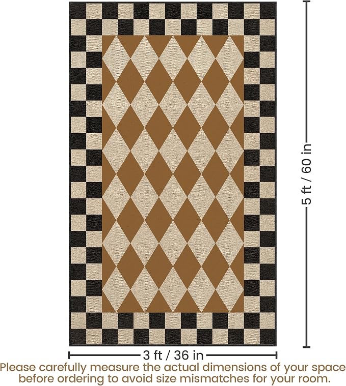 Washable Checkered Easy Jute Rug 3x5, Brown Black Checkerboard Geometric Outdoor Indoor Patio Small Rugs, Woven Non Slip Thin Neutral Carpet Door Mat for Bedroom Entryway Front Door Farmhouse