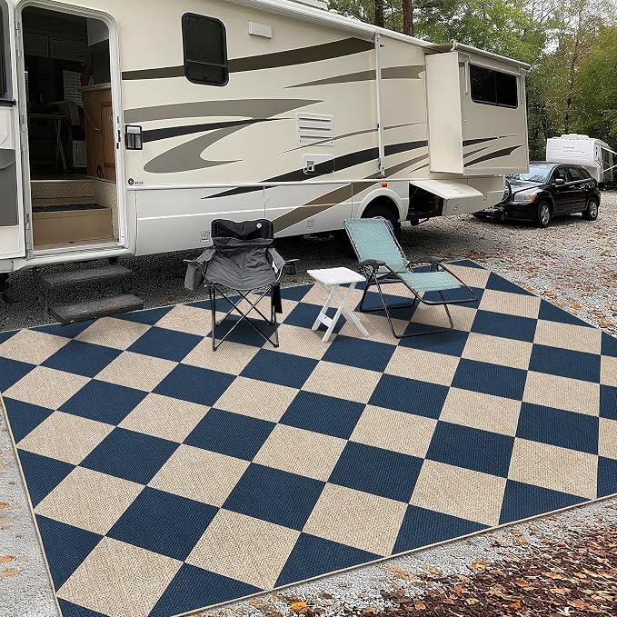 GarveeHome 9x12 Checkered Easy Jute Rugs for Bedroom Machine Washable Large Rugs Non-Slip Backing Modern Neutral Stain Resistance Carpets for Farmhouse Patio Dining Room Backyard Navy Blue