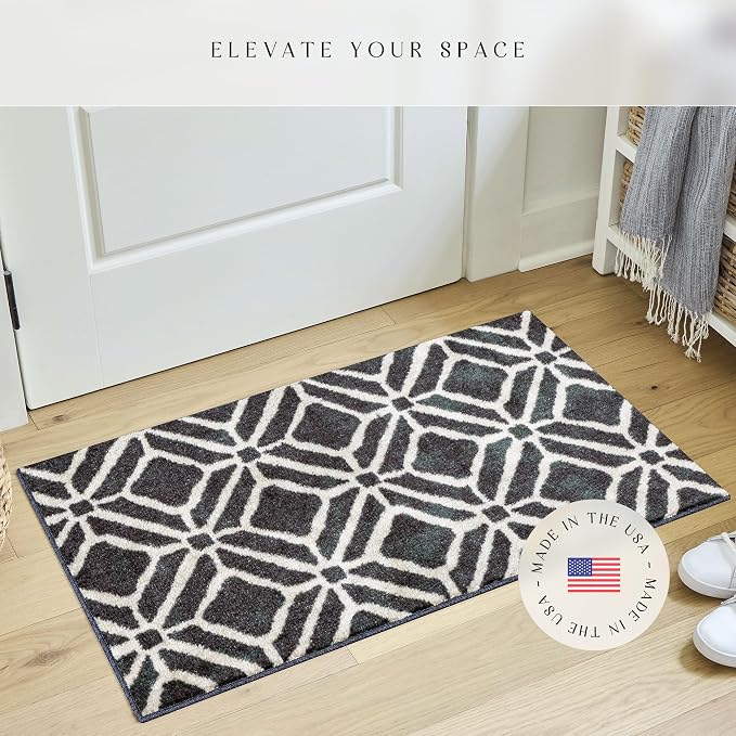 Maples Rugs Moderna Geometric Area Rugs – Made in USA – Washable, Non Slip Indoor Carpet for Entryway, Foyer, Kitchen, and Bathroom, 20" x 34", Dark Blue