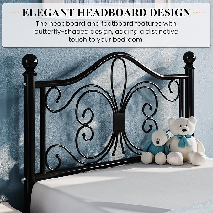 SHA CERLIN Twin Size Metal Bed Frame with Butterfly Headboard, Black | Metal Platform Bed for Kids, Wrought Iron-Art Headboard/Footboard, Under-Bed Storage, No Box Spring Needed, Easy Assembly