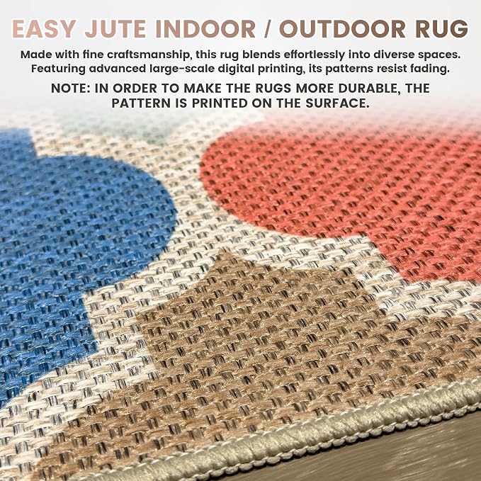 Washable 5x7 Moroccan Trellis Easy Jute Rug for Livingroom, Colorful Neutral Boho Outdoor Indoor Patio Large Area Rug, Woven Ultra Thin Non Slip Carpet Mat for Backyard Kids Bedroom Classroom Playroom