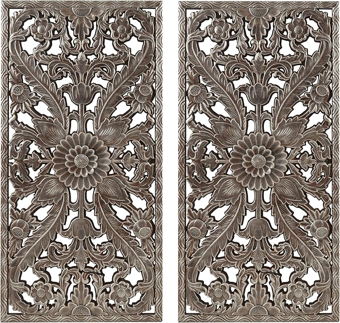 Madison Park Carved Wood Wall Art 2 Piece, Floral Wooden Carving Wall Decor, Bronze Wall Art Living Room Bedroom, Copper Embellished Boho, Ready to Hang, 15.75"W x 31.5"L, Bronze