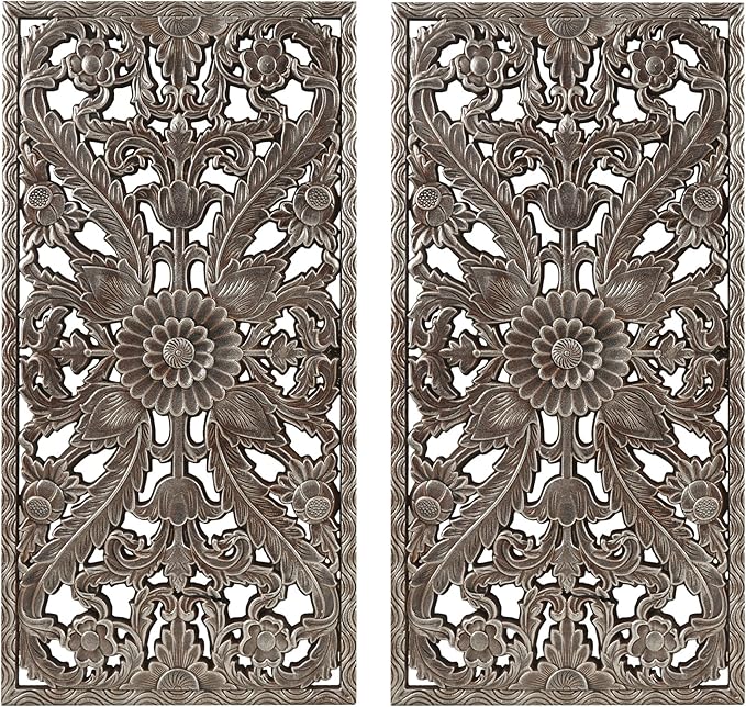 Madison Park Carved Wood Wall Art 2 Piece, Floral Wooden Carving Wall Decor, Bronze Wall Art Living Room Bedroom, Copper Embellished Boho, Ready to Hang, 15.75"W x 31.5"L, Bronze