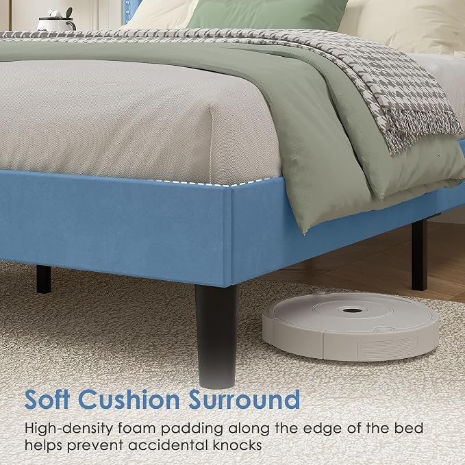 VECELO Full Size Platform Bed Frame with Height Adjustable Upholstered Headboard, Modern Mattress Foundation,Strong Wood Slat Support, No Box Spring Needed, Easy Assembly,Light Blue