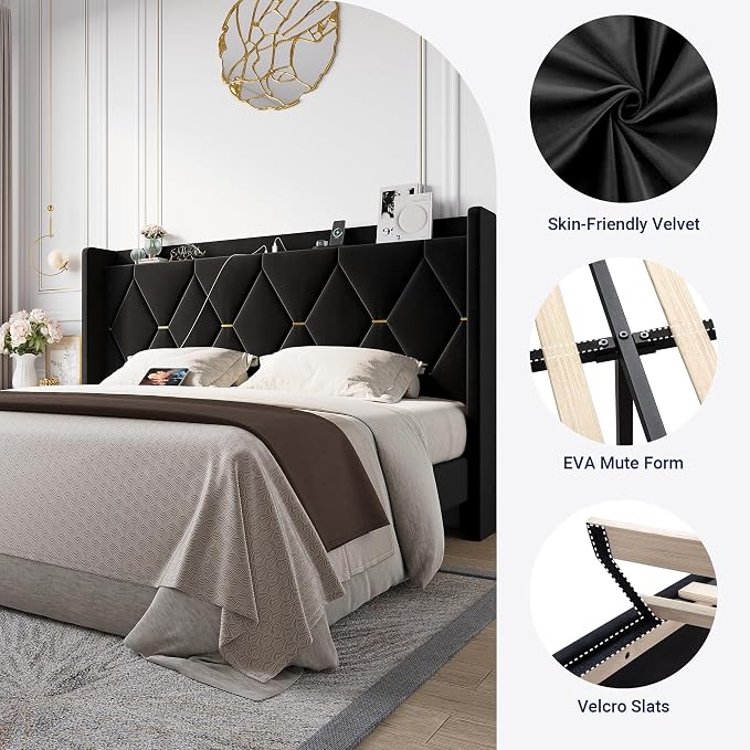 Allewie King Size Bed Frame with Storage Headboard & Charging Station | Diamond Tufted Design & Gold Trim, Velvet Upholstered Platform Bed, No Box Spring Needed, Easy Assembly, Noise-Free, Black