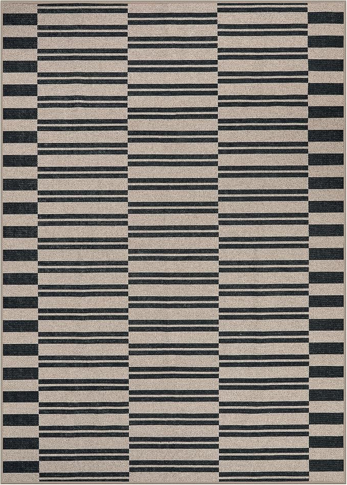 Lahome Striped Easy Jute Outdoor Patio Rug, 5x7 Dining Room Washable Rugs | Living Room Area Rug Black, Modern Farmhouse Neutral Non Slip Non Shedding Carpet for Porch Deck Classroom Entryway Office