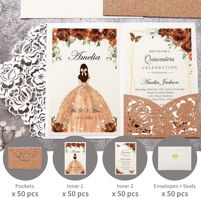 DORIS HOME 50Pcs Personalized Laser Cut Quinceanera Invitations, Terracotta | 4.7"x7.1", Customized Quince Invitations, For 15th Birthday, Sweet 16, With Envelopes