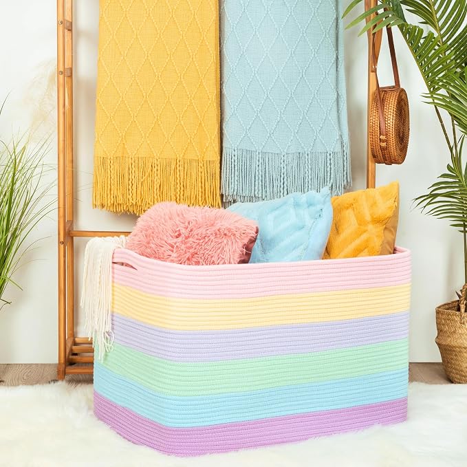 MINTWOOD Design 112L Extra Large Blanket Basket Holder Living Room, 25"x17"x16" Rectangle Rope Woven Storage Basket with Handles for Laundry, Towels, Shoes, Dog Toy Organizer Bin Box, Pastel Rainbow