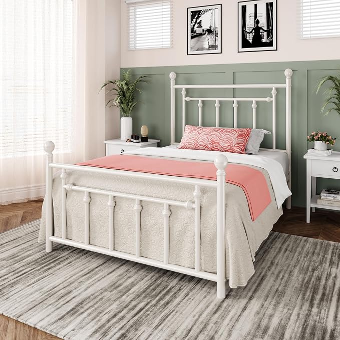 Allewie 14'' Twin Size Metal Platform Bed Frame, Vintage Headboard, White | 45'' Tall Victorian Headboard/Footboard/Mattress Foundation/Under Bed Storage/No Box Spring Needed/Easy Assembly/Noise Free