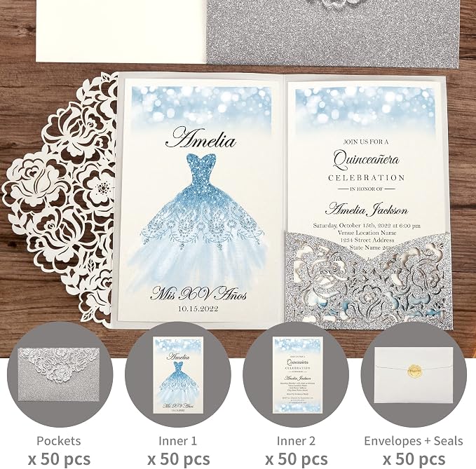 DORIS HOME 50Pcs Personalized Laser Cut Quinceanera Invitations, Silver | 4.7"x7.1", Customized Quince Invitations, For 15th Birthday, Sweet 16, With Envelopes