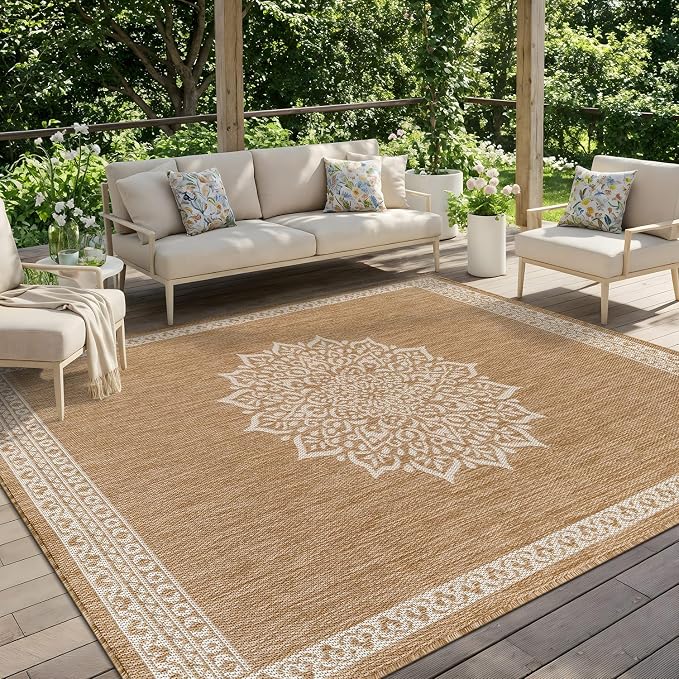 CAMILSON Outdoor Rug 9x12 Medallion Natural Modern Large Area Rugs for Indoor and Outdoor Patios Kitchen and Hallway Mats Washable Porch Deck Outside Carpet (Medallion Natural 9 x 12)