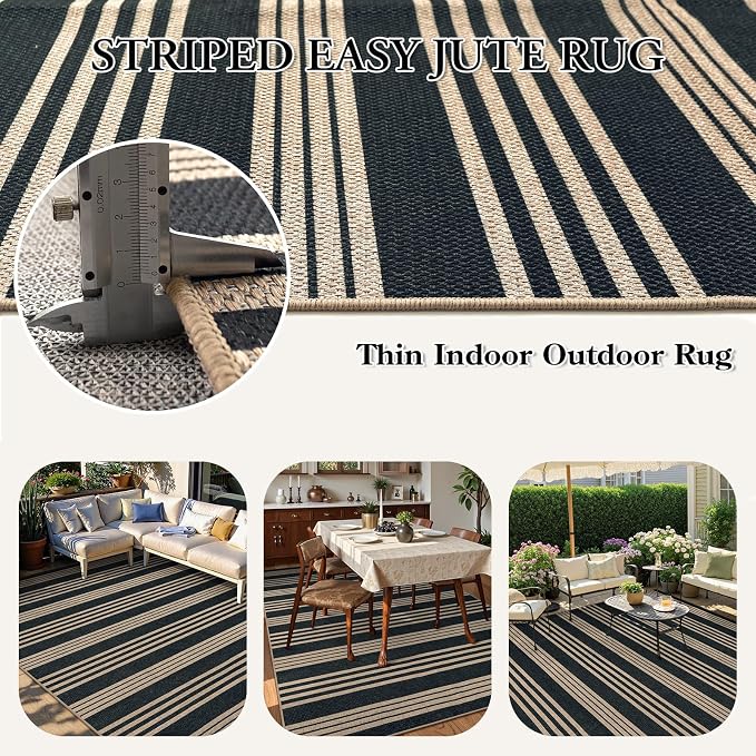 Lahome Striped Easy Jute Living Room Rug, 6x9 Outdoor Area Rugs Washable | Porch Patio Rug Black, Modern Farmhouse Neutral Non Slip Stain Resistance Indoor Carpet for Dining Under Table Mudroom