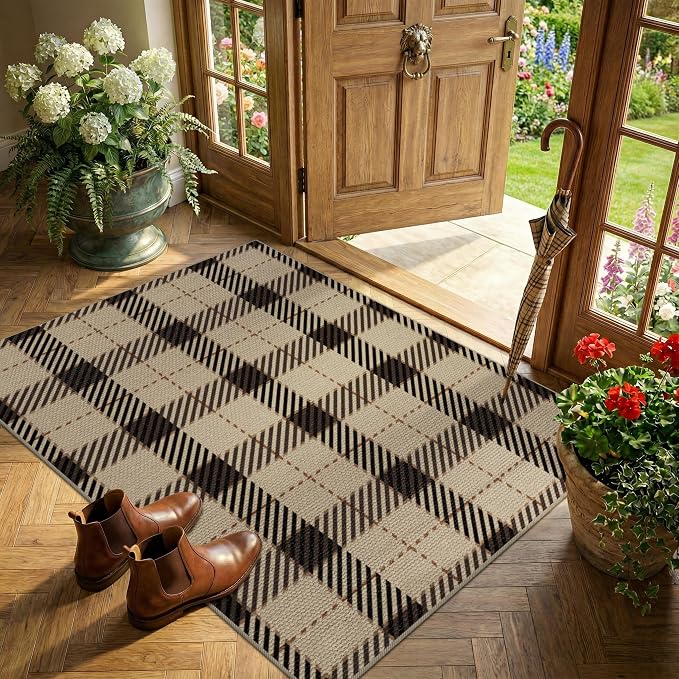 3x4 Entryway Door Mat Indoor – Washable Non Slip Small Rug for Front Door, Kitchen Sink, Mudroom, Garage Entry, Low Profile Easy Clean Farmhouse Plaid Floor Mat