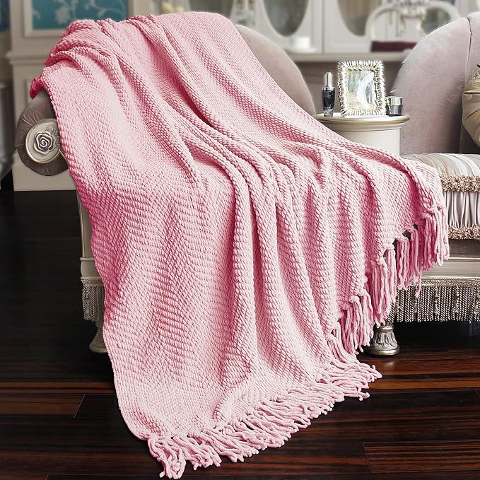 Home Soft Things Pink Throw Blanket Knitted Tweed Throw 60'' x 80'', Candy Pink, Super Soft Cozy Warm Comfortable Breathable Throw for Living Room Chair Couch Bed Sofa Bedroom Décor
