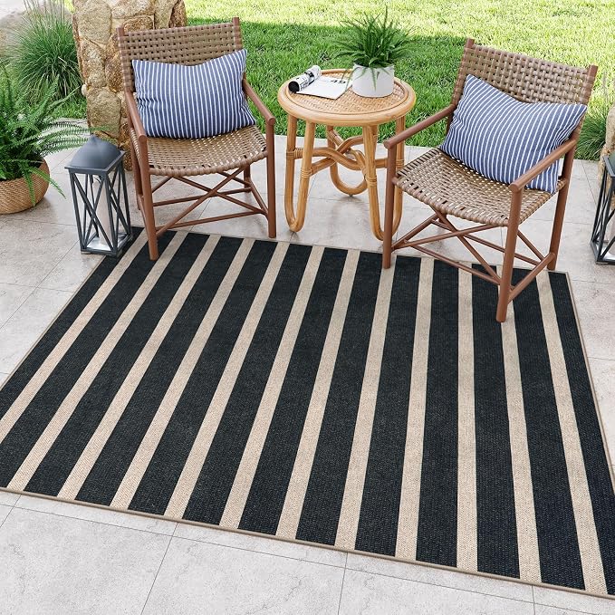 Lahome Striped Easy Jute Outdoor Patio Rug, 5x7 Living Room Washable Rugs | Dining Room Area Rug Black, Modern Farmhouse Neutral Non Slip Non Shedding Carpet for Porch Deck Classroom Entryway Office
